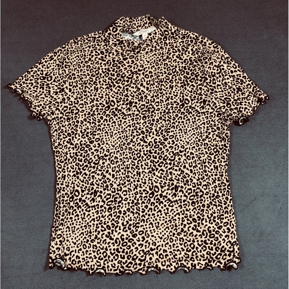 Candie's Mock Neck Top Womens Medium Brown Leopard Print Ribbed Lettuce Trim